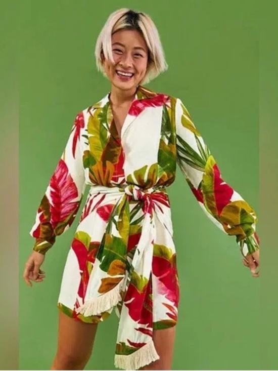 Farm Rio Spring Forest Fil Coupé Mini Dress Sz XL Linen Blend Floral EUC - Picture 2 of 8